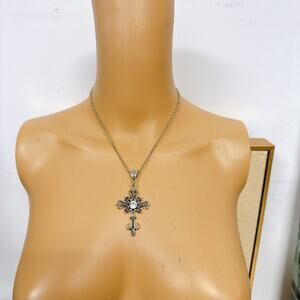 Silver‑Tone Ornate Cross Pendant Necklace with Crystal Accent